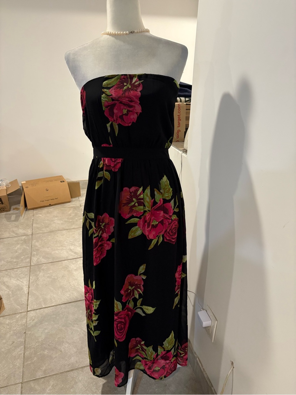 Strapless Black Floral Midi Dress - Unbranded